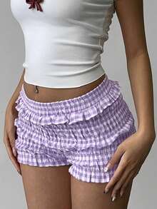 Aloruh Women's Spring/Summer Plaid Cute Countryside Vacation Ruffle Trim White Gingham Bubble Ruffle Hem Shorts Home - Purple - View 5