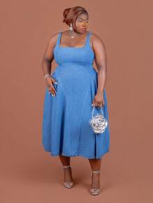CurvyTilda Plus Size Women's Square Neck Ruffle Denim Sleeveless Dress, For Hourglass Body Shape - Blue - View 4