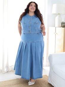 Pretty and Ole 大尺碼女款單排扣背心與百褶中長裙休閒牛仔套裝 冬季女裝聖誕新年套裝 夏季 - 中等水洗藍 - 查看 4