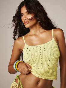 MISSGUIDED Sequin Embellished Knit Camisole Top With Adjustable Straps And Cropped Length Perfect For Summer Parties And Festival Outfits - Yellow - View 5
