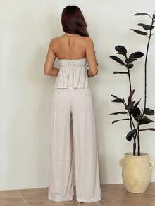 SHEIN PETITE Bộ 2 món áo không tay và quần dài cho nữ, màu trơn, kiểu dáng tối giản, thích hợp cho mùa hè. - Màu be - Xem 2