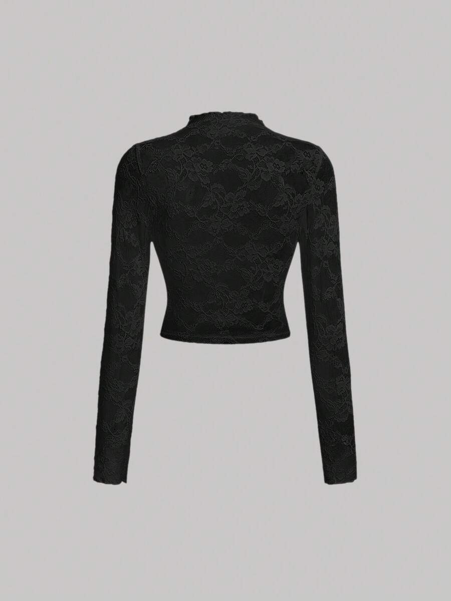 Tween Girl Elegant Lace Sheer Long Sleeve Black Fitted Blouse - Black - View 1
