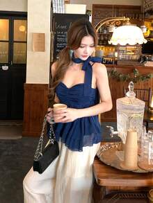 DAZY Áo camisole nữ màu trơn buộc dây kiểu dáng thường ngày với viền bèo nhún kiểu Hàn Quốc. - Màu xanh lam - Xem 8