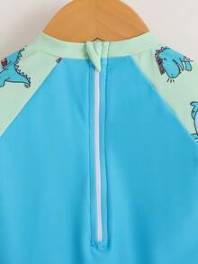 Baby Boy Summer Beach Dinosaur Print Contrast Color One-Piece Swimsuit - Multicolor - View 2