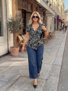 Easura Plus Size Women's Black And White Summer Elegant Short Sleeve Metal Pleated Blouse For Dinner Night,Daily Commute,Outing,Halloween,Back To School - Black - View 5