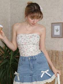 Kawaii Áo quây xếp ly họa tiết hoa mùa hè dành cho nữ của ROMWE X Elena Katey, thích hợp đi học. - Màu be - Xem 7
