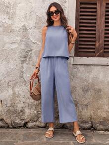 EMERY ROSE Women's Fashionable Versatile Striped Tank Top And Casual Pocket Pants 2 Pieces Set,Summer Outfits For Women - Navy Blue - View 7