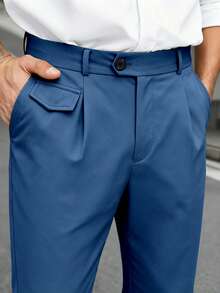 Manfinity Mode Men Plus Size Solid Color Pleated Casual Formal Suit Pants With Belt Loops, Ceremony - Dusty Blue - View 5