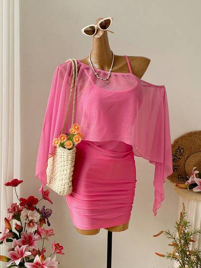 Soleia Bộ đồ 2 mảnh dành cho nữ cỡ lớn: Áo choàng màu trơn và váy hai dây, trang phục đi nghỉ mát.
