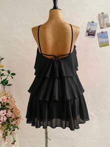 Soleia Đầm mini chiffon nhiều lớp xếp ly, màu trơn, thanh lịch, lãng mạn, thích hợp cho đám cưới, tiệc tùng, đi nghỉ mát, tiệc hoa, hẹn hò, ngày Valentine, lễ Phục sinh, lễ hội, tiệc trà chiều, đi biển, du thuyền, hoặc dạo phố. - màu đen - Xem 2