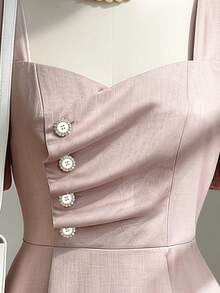 Endroma Vestido mini asimétrico de línea A con botones de cristal rosa pastel, diseño francés elegante, versátil para vacaciones y uso diario - Rosa - Ver 4