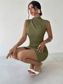 Firerie Women's Elegant Minimalist Casual Daily Commute Vacation Fashion New Small Stand Collar Draped Sleeve Cinched Waist A-Line Mini Dress, Apricot Color,Dresses For Women Summer - Army Green - View 7