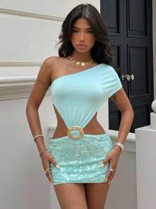Aloruh Đầm mini mùa hè mới màu xanh bạc hà dành cho nữ, thanh lịch, gợi cảm, thường ngày, sang trọng, kiểu trễ vai, buộc dây, hở lưng, khoét lỗ, đính cườm. - Màu xanh Bạc hà - Xem 8