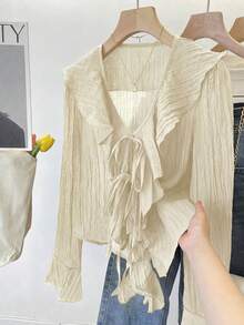 Blusa con cuello en V francés, plisada y con volantes con lazo - Albaricoque - Ver 6