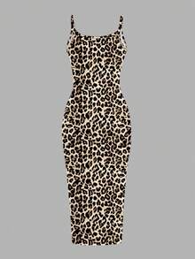 SHEIN EZwear Gaun Slip Bodycon Minimalis Kasual Panjang Motif Leopard, Cocok untuk Musim Panas, Gaun Musim Panas - MultiWarna - View 2