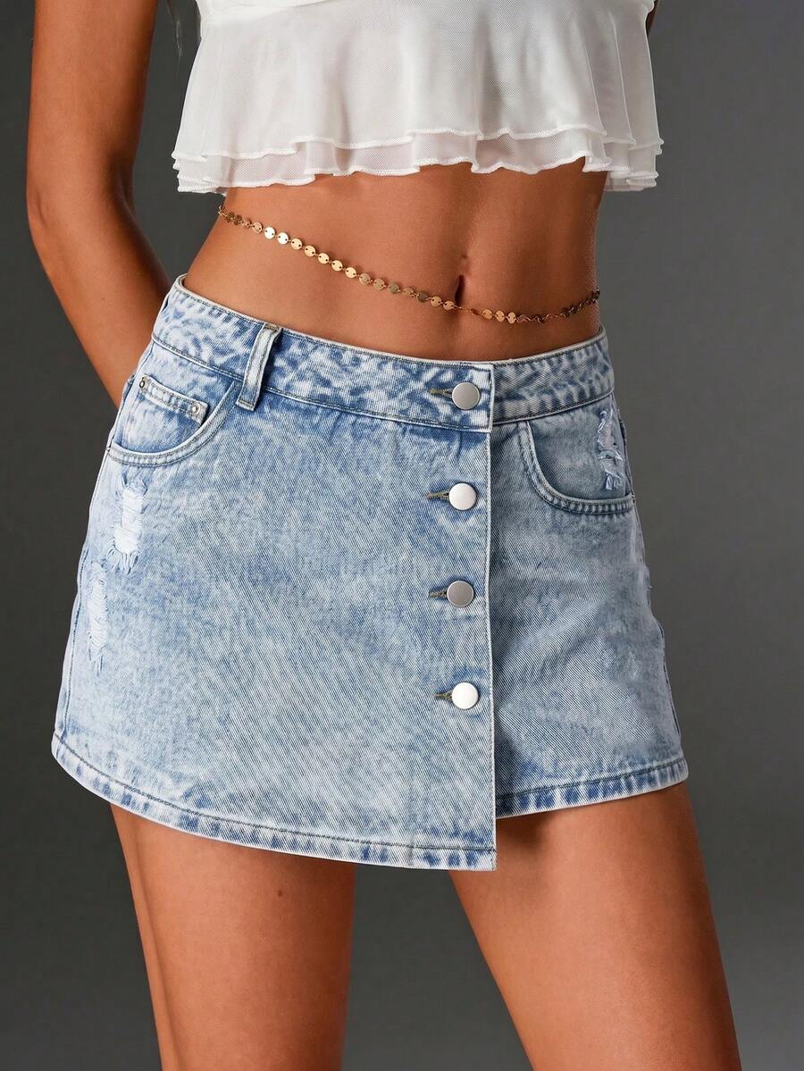 TRNVIE Celana Pendek Denim Kasual Modis Seksi dengan Kancing Depan dan Pinggang Rendah, Warna Biru Muda, Cocok untuk Acara Malam Hari di Musim Panas - Light Wash - View 1