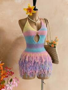 SaltGleam SaltGleam Women's Contrast Color Fringe Hem Hollow Out Design Halter Neck Knit Dress - Multicolor - View 3
