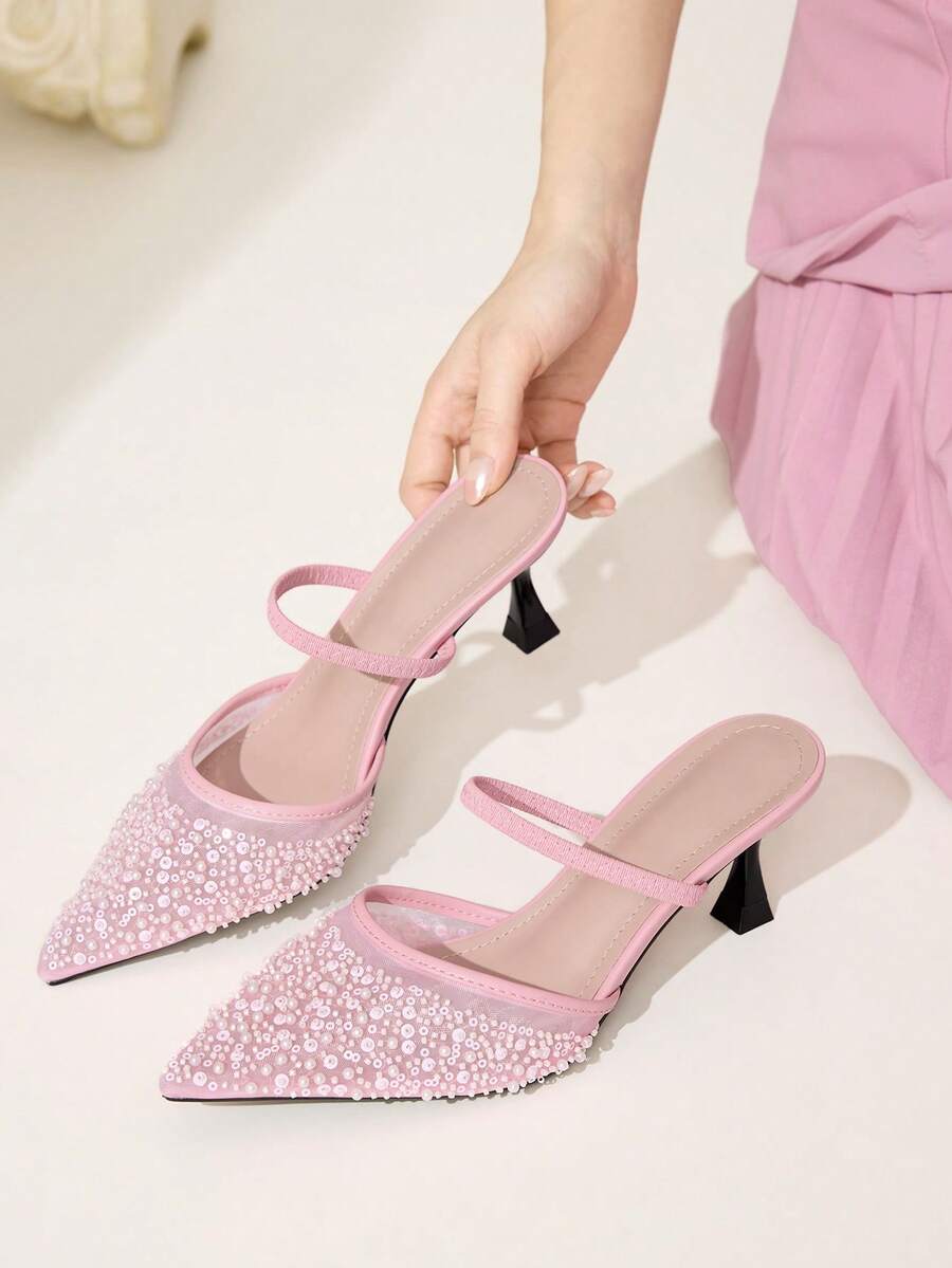 CUCCOO CHICEST Giày cao gót mũi nhọn gót mỏng mới dành cho nữ, trang trí bằng lưới, hạt cườm và thêu – Thanh lịch và thoải mái, hoàn hảo cho các buổi hẹn hò, công sở, tiệc tùng và đám cưới. - Bụi hồng - Xem 1