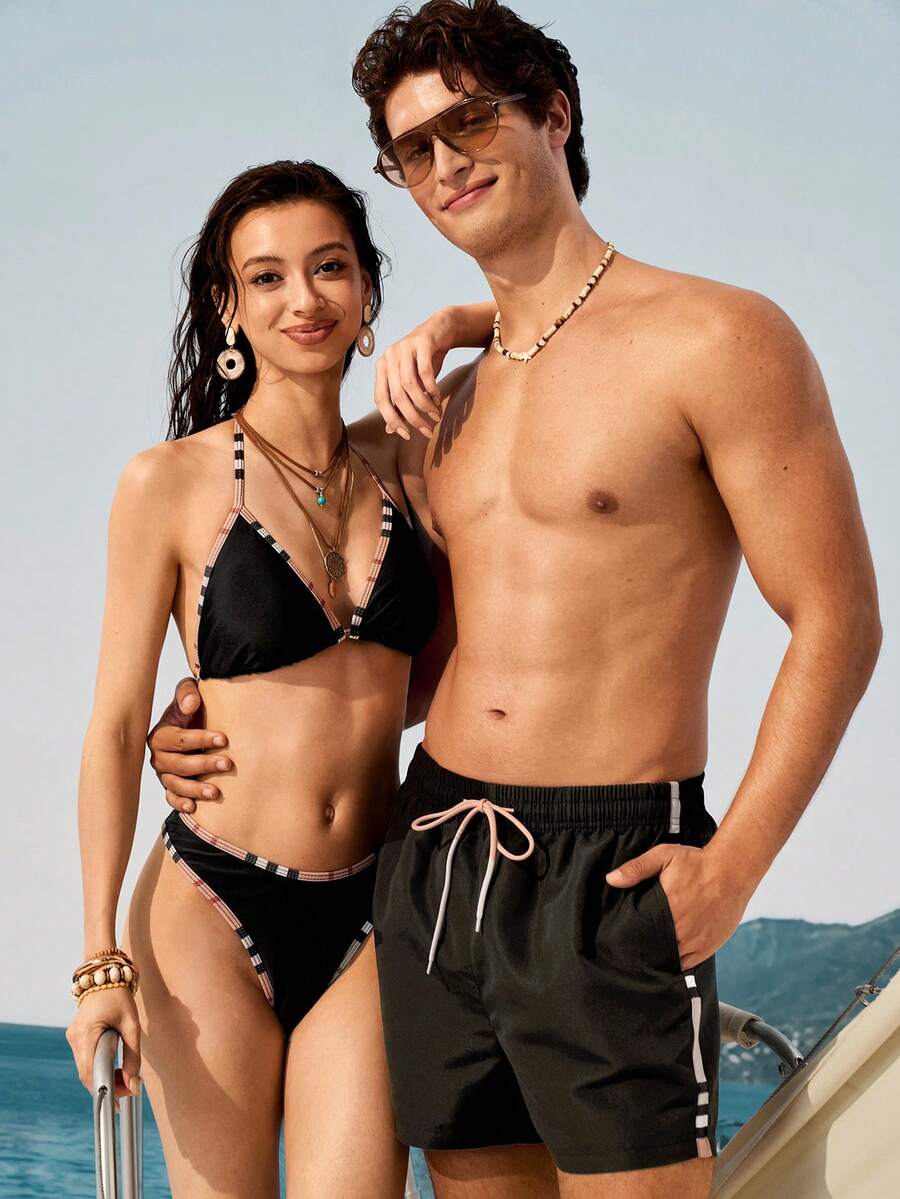 Manfinity VDAYZ Men's Drawstring Waist Pocket Casual Beach Shorts Suitable For Vacation, Beach, Pool, Outdoor Activities, Daily Wear Suit Set His And Hers Swimwear Beach Outfit For Men And Women Couple Swim Vcay Summer Outfits For Women Vacation National Flag Beach Outfit For Men National Flag Couple Matching Swimwear Matching Swimwear For Couples Couple Beach Holiday / Vacation / Beach / Hawaii / Tropical / Swim / Bathing - Black - View 1