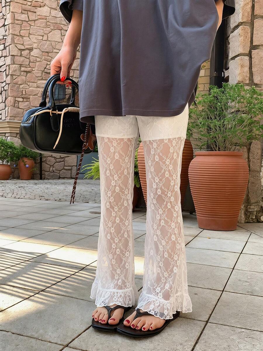 DAZY Women's Niche Lace Patchwork Design Flared Leg Pants - White - View 1