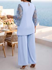 Fleurora Elegant Women's Light Blue Two-Piece Set With Sequin Embroidered Bell Sleeves And Wide Leg Pants For Special Occasions - Blue - View 2