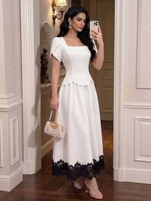 Modelyn Bộ đồ 2 món thanh lịch dành cho nữ: Áo tay ngắn cổ vuông dáng cánh hoa và chân váy ngắn. - trắng - Xem 3