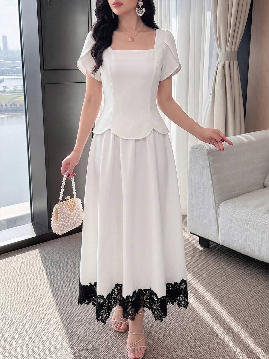 Modelyn Bộ đồ 2 món thanh lịch dành cho nữ: Áo tay ngắn cổ vuông dáng cánh hoa và chân váy ngắn. - trắng - Xem 1
