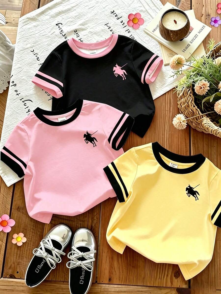 3pcs/Set Girls Toddler Digital Print Short Sleeve Round Neck T-Shirts, Spring/Summer - Multicolor - View 1