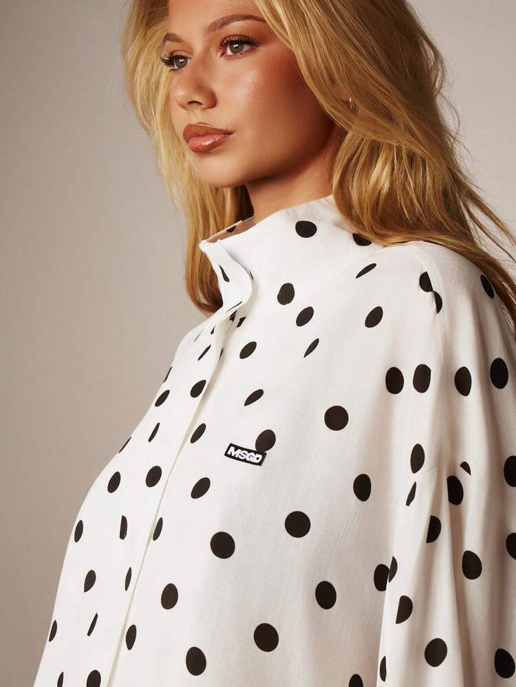MISSGUIDED 물방울 무늬 깔때기 목 리넨 느낌 지퍼 업 경량 재킷 브랜드 디테일 봄 여름 캐주얼 아우터웨어