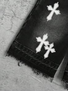 Quần yếm rộng rãi bằng vải denim đen họa tiết chữ thập dành cho bé trai. - màu đen - Xem 6