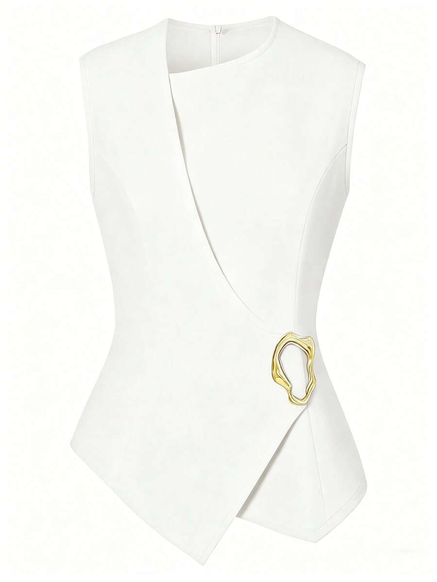 GlowEve CURVE Plus Size Summer Fashion Metal Decor Wrap Vest - White - View 1