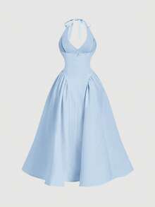 SHEIN MOD Robe longue minimaliste à col cravate de couleur unie pour femmes grandes tailles, portée décontracté au quotidien, pour le printemps/l'été, la Saint-Valentin, les rendez-vous, le carnaval, la plage, les invités de mariage, les demoiselles d'honneur, les soirées élégantes, les vacances. Robe maxi jaune oie, élégante et chic, à encolure bateauet robe longue jaune pour le thé - Bleu azur - Voir 2