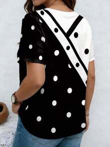 EMERY ROSE Polka Dot Patchwork V-Neck Short Sleeve Casual Plus Size T-Shirt - Multicolor - View 2