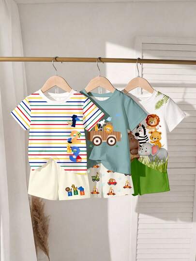 Conjunto de 6 piezas de camiseta de manga corta y pantalones cortos a juego con estampados de números 123, rayas, coches, animales de zoológico, leones, cebras, elefantes y osos para bebés y niños pequeños. Ropa cómoda de punto adecuada para vacaciones y salidas de verano, nueva moda de verano SS26