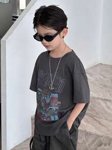 DAZY Camiseta básica de cuello redondo con diseño estampado para niños preadolescentes en verano - Gris Oscuro - Ver 4