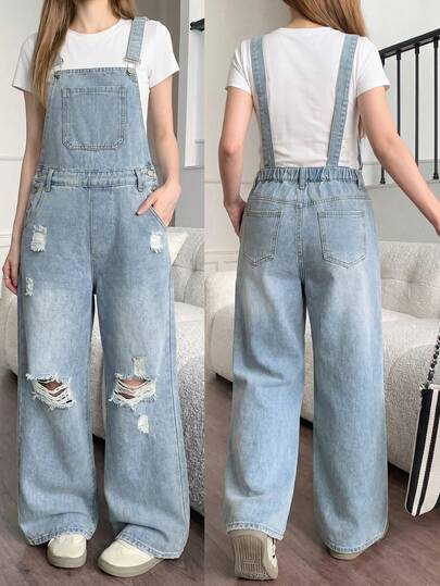 SHEIN Thời trang nữ tuổi teen phong cách thường ngày Y2K vintage cá tính đường phố đơn giản rộng rãi thoải mái hoài cổ quần jeans xanh bạc màu rách lưng cạp chun cho nữ sinh tuổi teen, trang phục hàng ngày và trang phục dự tiệc mùa xuân hè cho nữ sinh, trang phục đường phố.