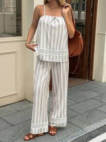 SHEIN LUNE 女士休闲条纹蕾丝拼接无袖上衣和裤子两件套，适合夏季度假、通勤和日常穿着 - 彩色 - 查看 4