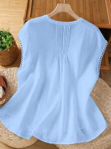 SHEIN LUNE CURVE Camisa de talla grande con volantes en los hombros y empalme, blusa texturizada y cómoda - Celeste - Ver 2