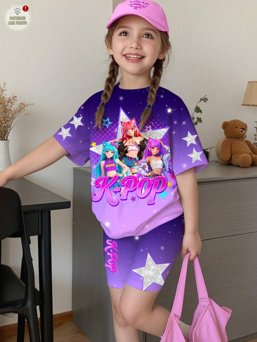 2pcs/Set Young Girl Cartoon Character Print Round Neck Short Sleeve T-Shirt And Shorts Set, Casual And Minimalist Style, Suitable For Summer - Multicolor - View 1