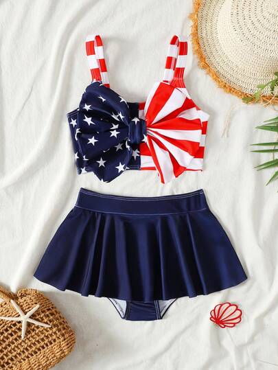 Young Girls 4th Of July Cute Bow & American Flag Print Knitted Swimsuit, Sporty Beach Outfit, Casual Holiday, Vacation, Camping, Beach Matching Sister Set