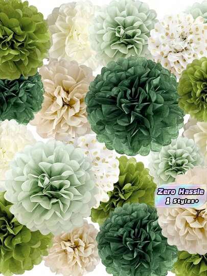 20pcs/Set Sage Green Tissue Paper Pom Poms (12 10 8 6 Inches) And 20pcs Boho Floral Party Decoration Set For Wedding, Birthday, Jungle Animal Party, Wall Hanging Decor Valentine's Day, Valentines Wedding, Birthday