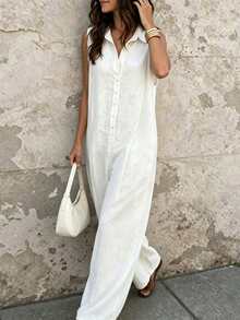 SHEIN Holidaya Europäisch-amerikanischer Mode Kragen Dekorknopf Design ärmellose locker sitzende lässig Damen Jumpsuit, Damen Frühlings- und Sommer Jumpsuit, ärmellose Bluse, Frühlings-Kleidung, Sommer-Outfit, Urlaub, Ausflug, Y2K, Frühling, Sommer, Schulanfang, lässig, Strand, Business, vielseitig, sexy, Damen Weiß Jumpsuit - Beige - Übersicht 7