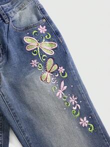 ROMWE Fairycore Women Y2k Summer Retro Butterfly Sequin Embroidery Capri Jeans - Blue - View 4