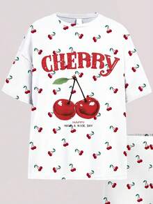 SHEIN Leap Crew Conjunto de 2 peças de camiseta e shorts de manga curta minimalistas casuais para meninas adolescentes, estampa de cereja fofa vintage, mini estampa de cereja, verão, adequado para o verão, férias de primavera, viagem de meninas - Multicolorido - Ver 4
