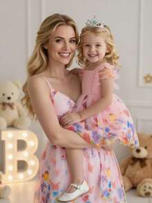 SHEIN Glamorique Kids Đầm công chúa cho bé gái, họa tiết bướm hồng, tay loe, đầm lưới hồng, dễ thương, thích hợp đi nghỉ mát, đầm mùa hè. - Hồng - Xem 5