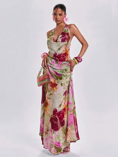ROMWE Y2K Vestido con abertura alta, estampado floral, espalda abierta y tirantes cruzados, para vacaciones de primavera/verano, para mujeres