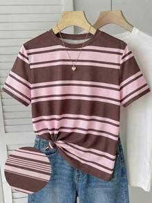 SHEIN Áo thun cổ tròn dáng regular kẻ sọc hồng ngọt ngào và nâu cho nữ thiếu niên, phong cách casual đa năng, phù hợp mặc ngày mẹ, lễ tốt nghiệp, mùa hè, đi học, đi chơi, du lịch, nghỉ lễ, homecoming, back to school, phong cách mới, chill vibe, thời trang cho nữ - Nhiều màu - Xem 5