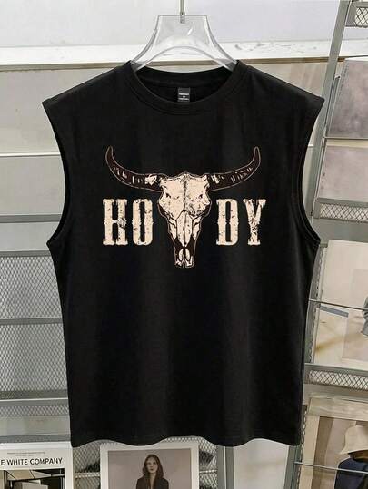 Manfinity Joysei Camiseta sin mangas para hombres, deportiva y casual con estampado de cráneo de toro, camiseta negra gráfica de ejercicios