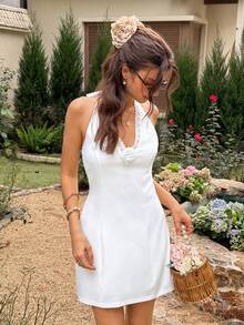 Cévolie Vestido ajustado con cuello de halter, decoración de flores 3D y parches para mujer - Blanco - Ver 3