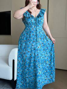 Vibekara Plus Size Summer V-Neck Ruffle Hem Blue Ditsy Floral Dress - Blue - View 4